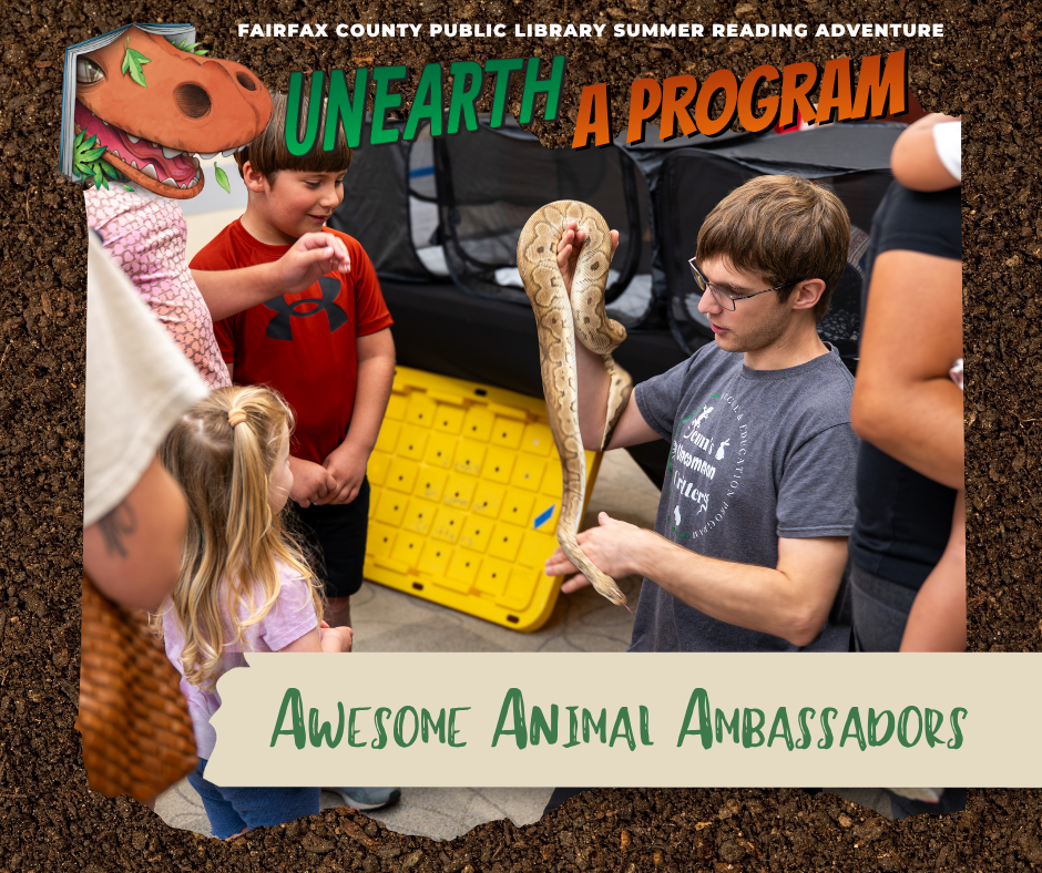 Educator holds a large snake for children to see and touch during the “Awesome Animal Ambassadors” library program.