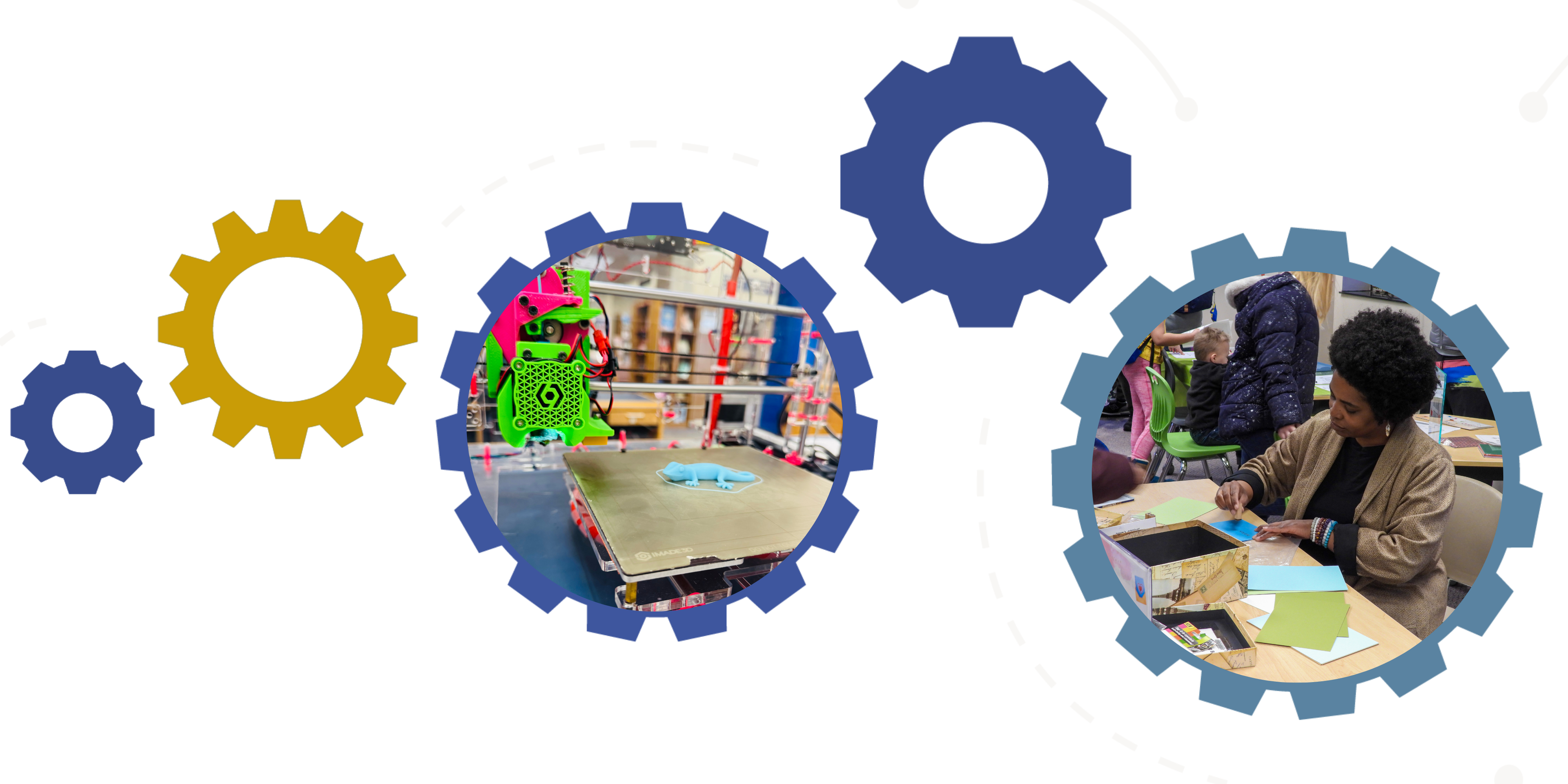Collage of blue and yellow cogs, some framing photos. From left to right: small blue cog with no photo; medium yellow cog with no photo; medium-large sized cog in blue color framing a photo of a green and pink 3D printer printing a cyan blue lizard on a metal plate; a small-to-medium sized blue cog with no photo; a large light blue cog framing a photo of a young adult Black woman pressing a decorative stamp to a piece of blue scrap paper, sitting at a table with various sheets of scrap paper scattered of the table.
