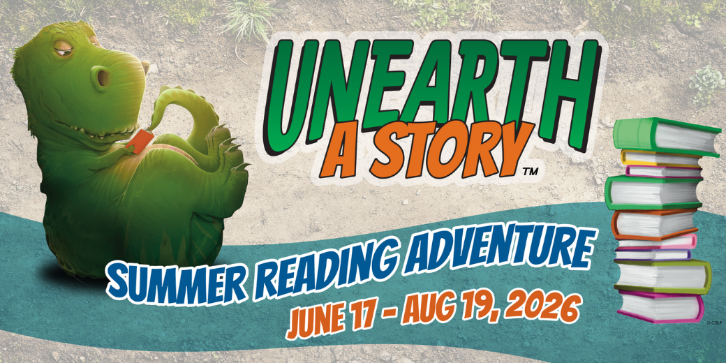 Cartoon dinosaur reading a book beside a tall stack of books with text: “Unearth a Story – Summer Reading Adventure, June 17–Aug 19, 2026.”