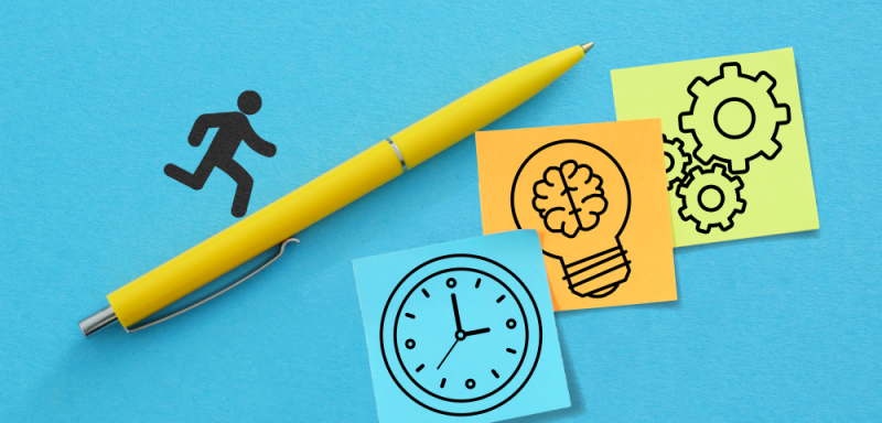 Stick figure running up a ballpoint pen with icons of a clock, a lightbulb with a brain and gears on sticky notes under the pen.