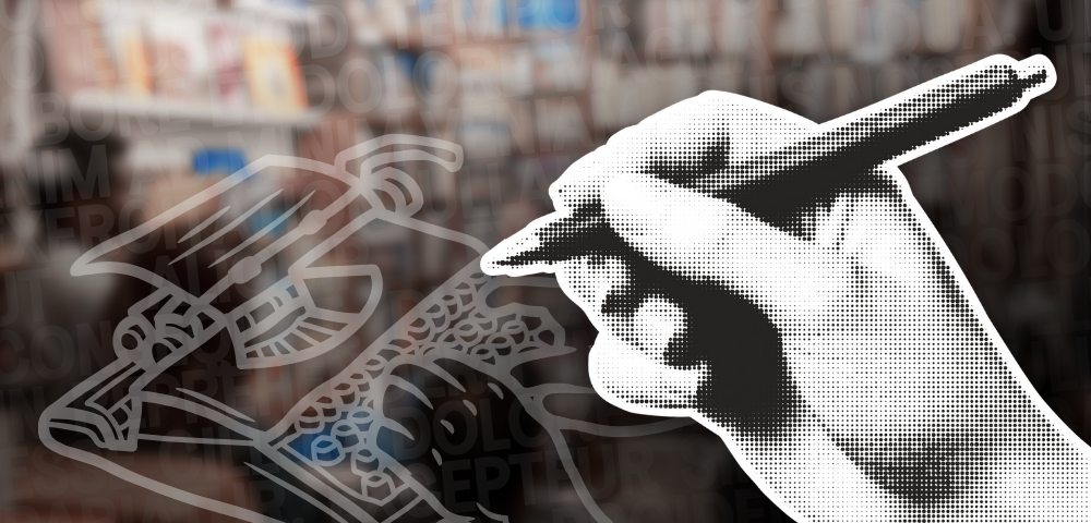 Background of blurry library shelves with overlay of a line drawn typewriter and a cutout of a black and white photo of a hand holding a pen