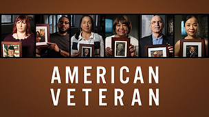 Row of people holding framed photos of veterans above the title “American Veteran” on a brown background.