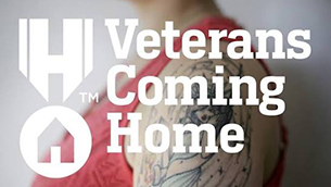 Text reading “Veterans Coming Home” over a close-up of a tattooed person’s arm in a sleeveless shirt.