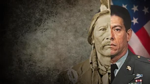 Split portrait showing half of a historic Native man’s face and half of a modern Native American soldier in uniform before a U.S. flag.