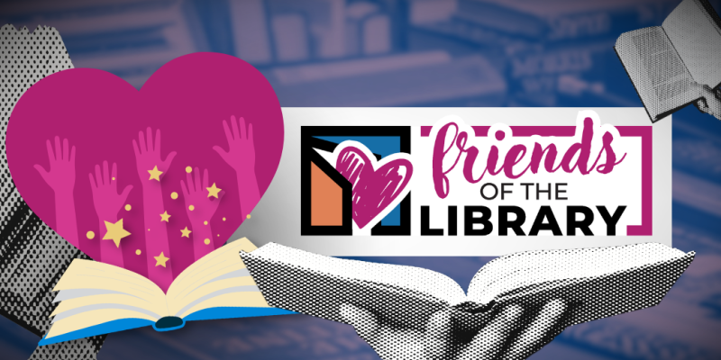Friends of the Library logo with heart and FCPL logo icon and hands inside heart with books