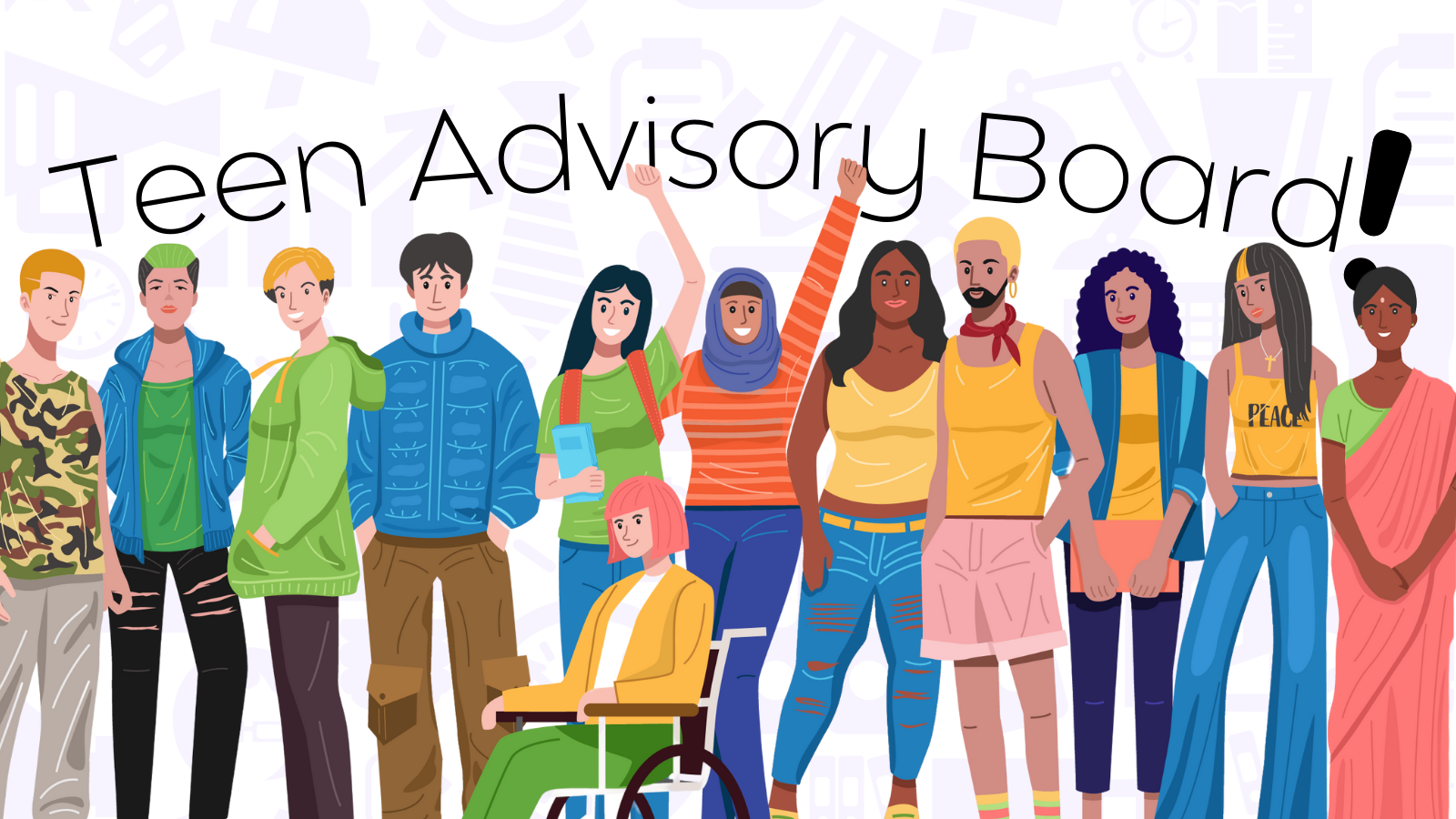 cartoon style graphic representation of large, diverse group of teenagers