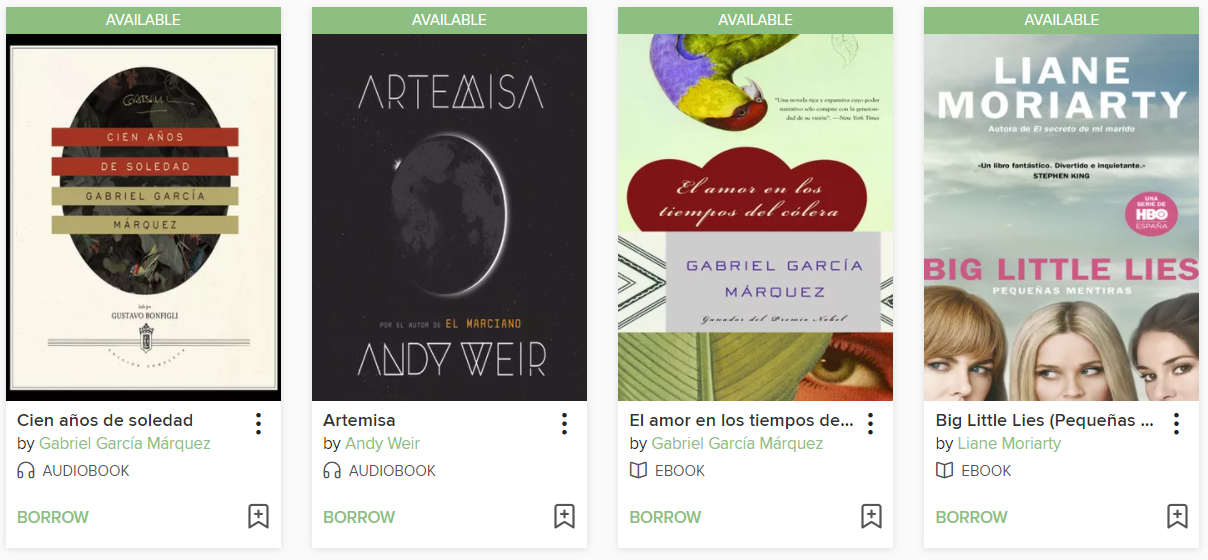 OverDrive eBook covers for Cien anos de soledad, Artemisa, El amor en los tiempos del colera, and Pequenas Mentiras