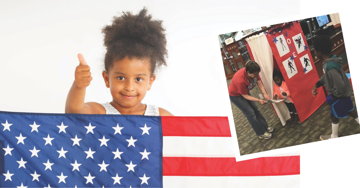 young black girl stands behind American flag and gives thumbs up next to inset photo of a library kids voting booth