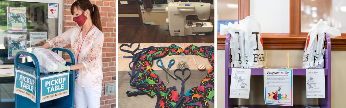 three photos show library curbside service, face masks in the shape of a heart, and library program-to-go materials