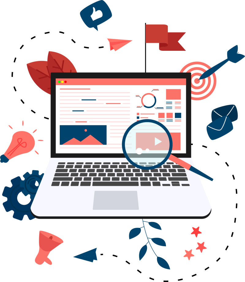 digital illustration of laptop surrounded by icons