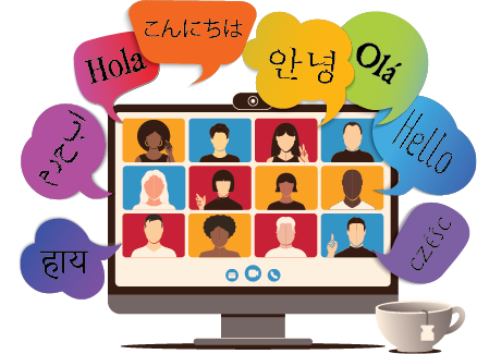 desktop computer screen with grid of 12 people's photos surrounded by speech bubbles in different languages