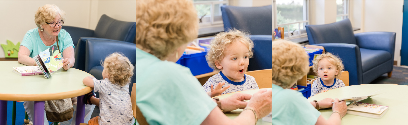 women reads to a young child in three chronological photos