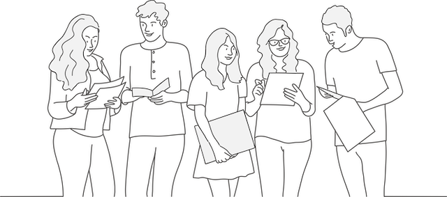 outline illustration of five teens