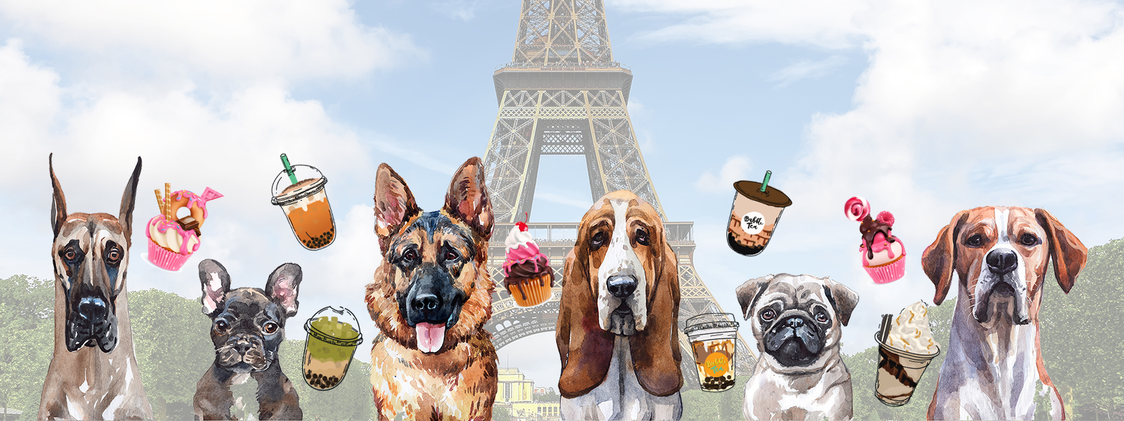 watercolor and digital illustration of dogs, cupcakes and coffee shop beverages on top of a photo of the Eiffel tower