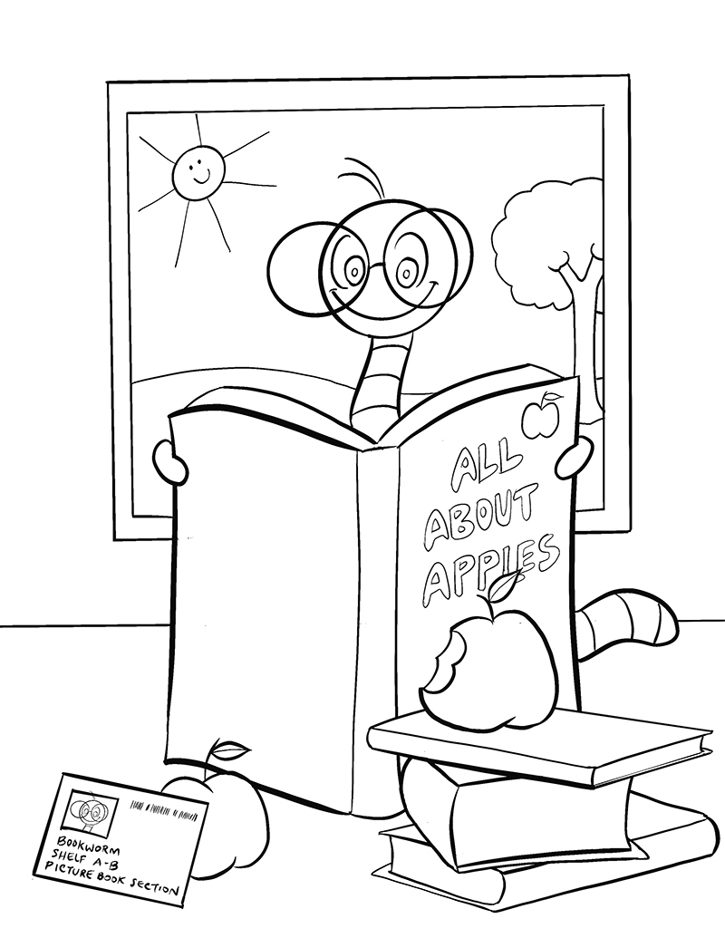 Vidya's colorable illustration of a bookworm reading a book 