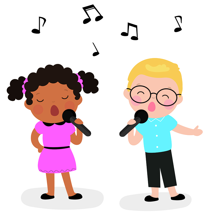 illustration of a Black girl (left) and a white boy with glasses (right) holding microphones and singing with music notes above their heads