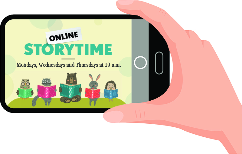 Online Storytime graphic on an iPhone held by a hand
