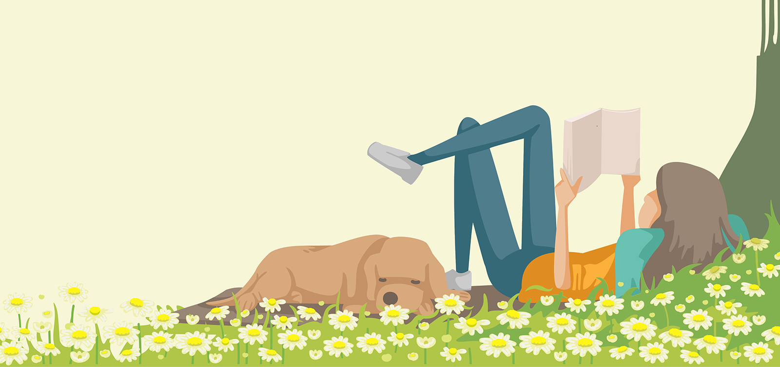 woman laying in grass and flowers reading next to a tree and a dog