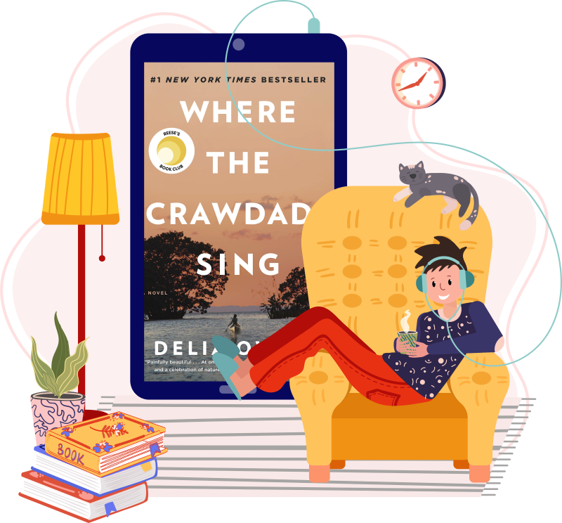illustration of a person sitting in an oversized chair listening to headphones connected to a large tablet showing the book cover of Where the Crawdads Sings