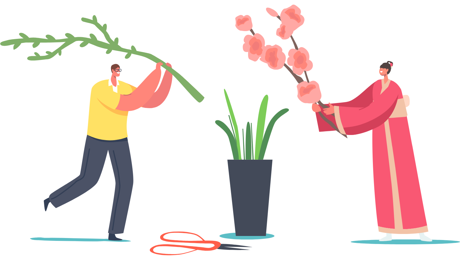 digital illustration of man and women creating an ikebana flower arrangement