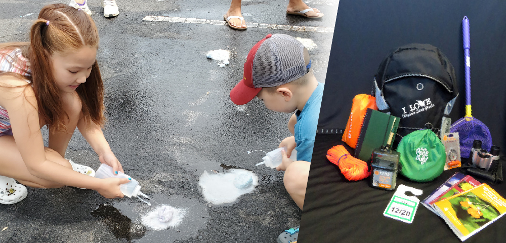 kids do a craft outside on pavement / photo of the items included in an I Love Virginia State Parks nature backpack