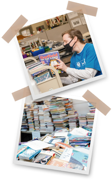 Library processing department staff and books