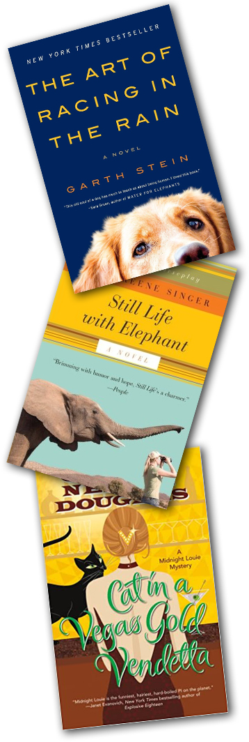 3 book covers: The Art of Racing in the Rain, Still Life with Elephant, and Cat in a Vegas Gold Vendetta