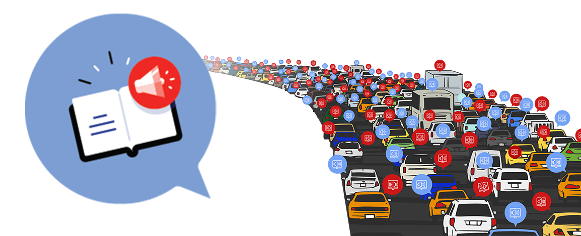 illustration of a speech bubble containing a book and audio icon next to a road full of car with audio icons above them