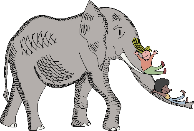 illustration of an elephant with two children sliding down its trunk
