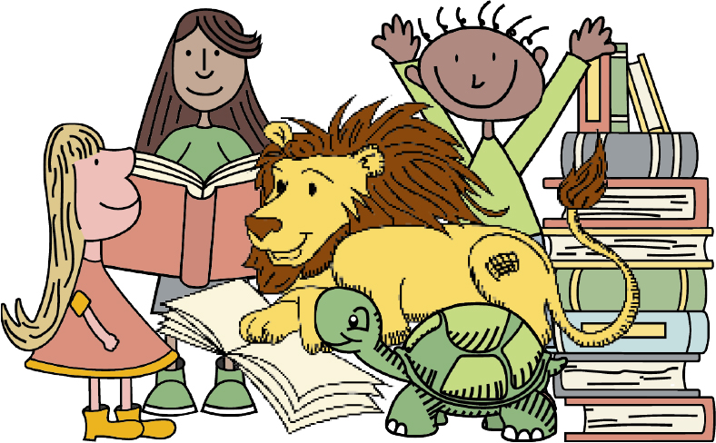 illustration of three kids reading with a lion and a turtle next to a stack of books