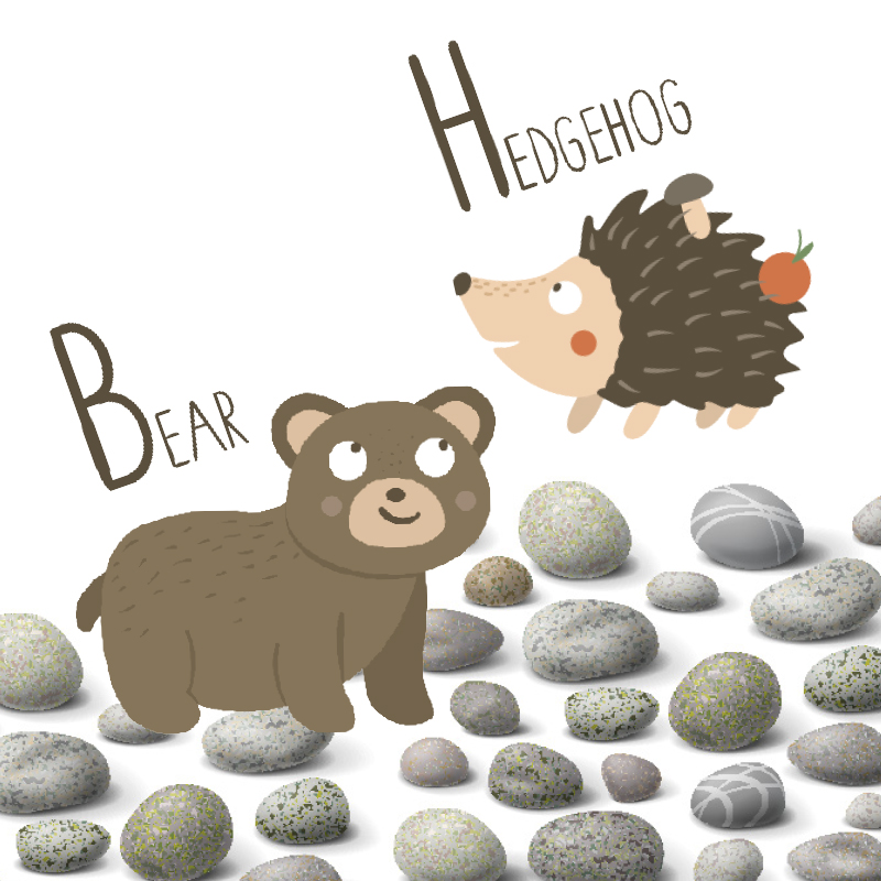 illustration of hedgehog and bear with pebbles underneath