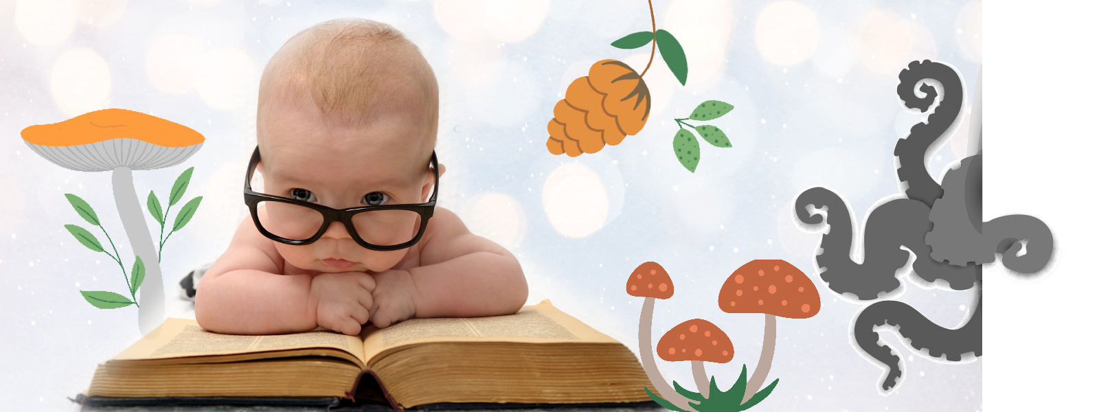 baby wearing glasses propped up on arms on an open book, surrounded by illustrations of plants and an octopus