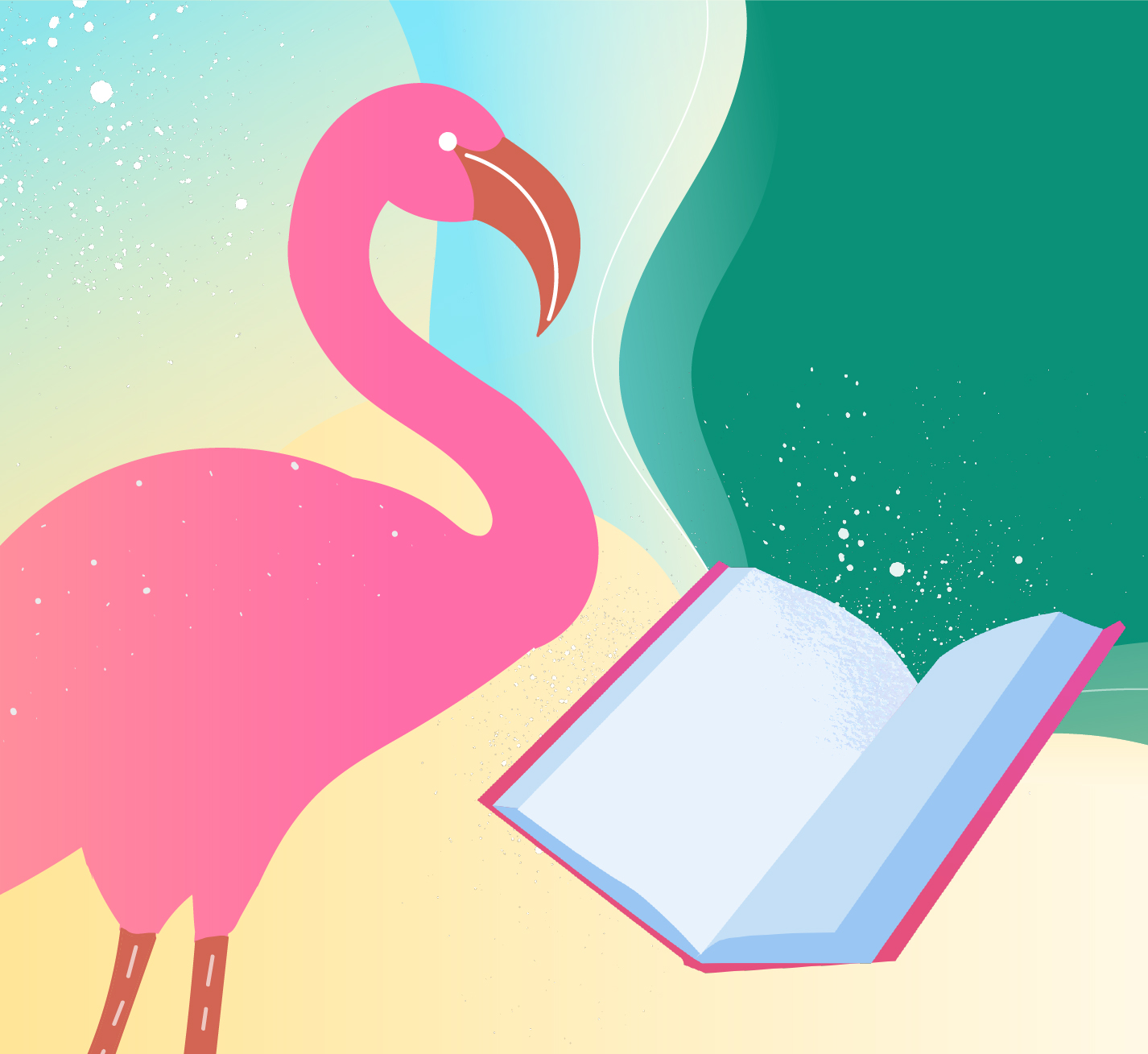 illustration of a flamingo reading a book