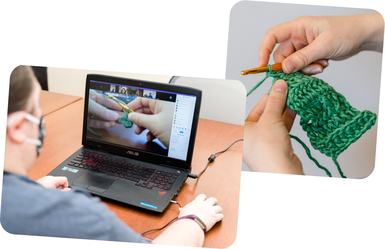 Two photos of person watching a knitting how-to video and hands knitting