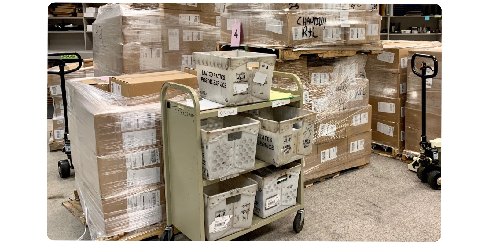 pallets of books at technical operations