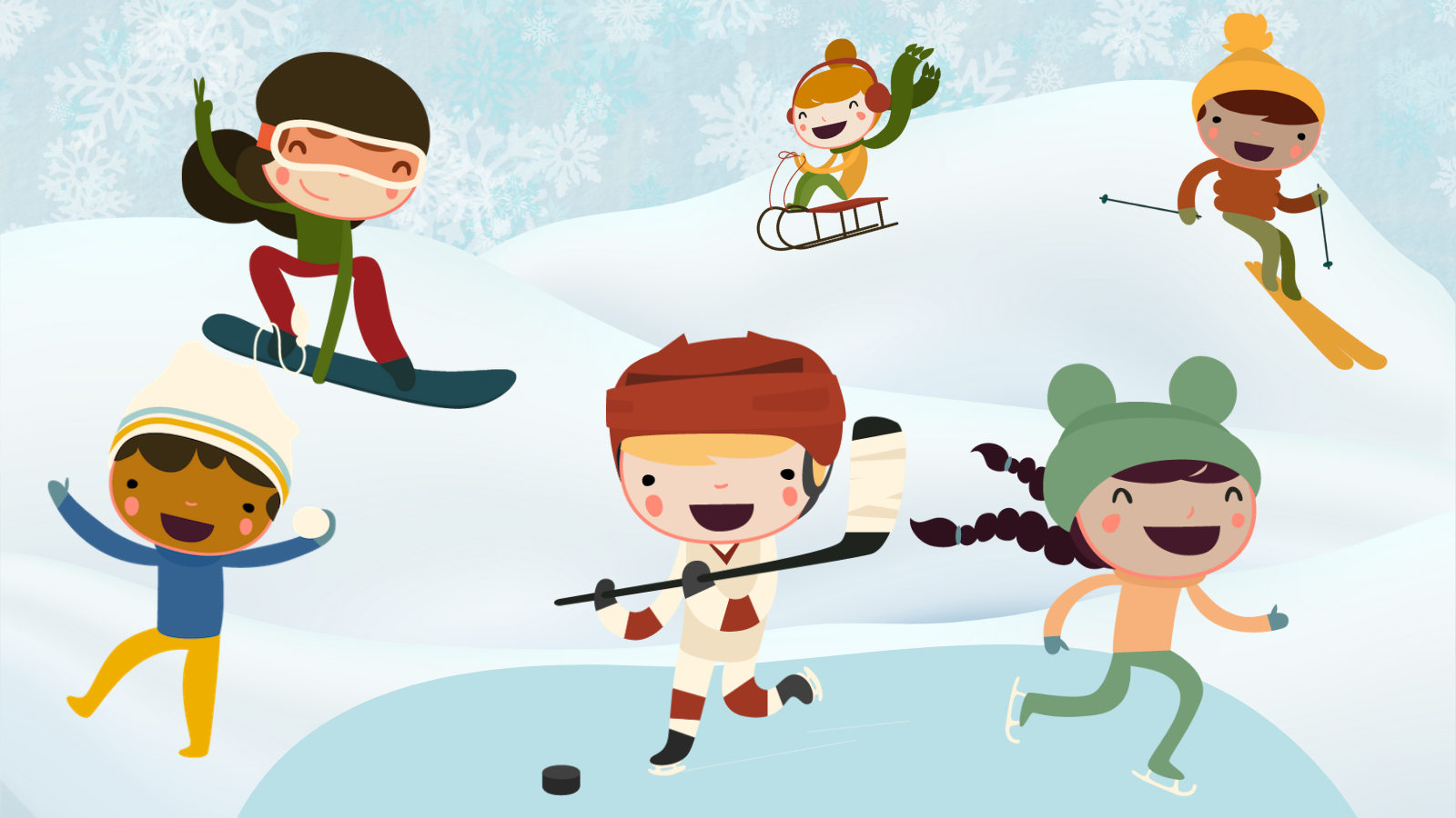 digital illustration of six kids playing winter sports in the snow and on an ice rink with a snowy background.