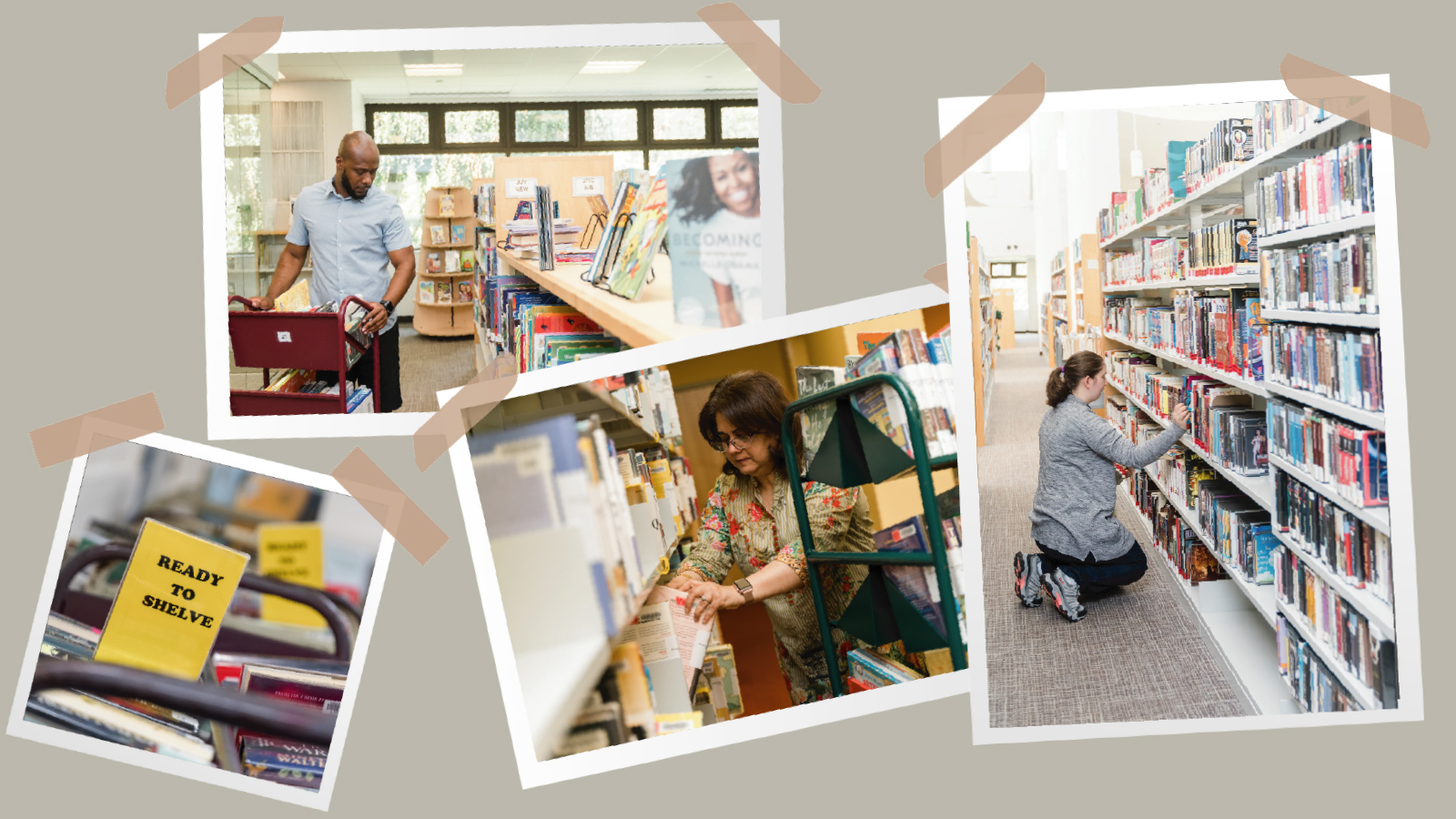 four photos of library staff and collection