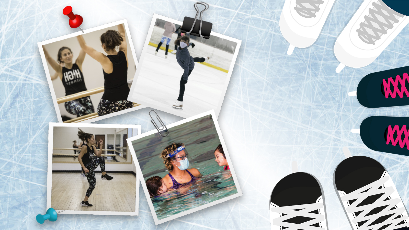 Four photos of people participating in Rec Center fitness classes, swimming and ice skating with illustration of ice background and three sets of ice skates