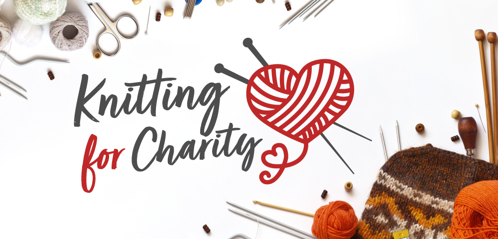 White background with various sewing and knitting materials as decoration. Text reads knitting for charity.