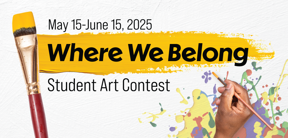 paint brush with the contest title inside a smear of yellow paint. Additional paint splatters and hand with brush fill the background.Text reads May 15-June 15, 2025