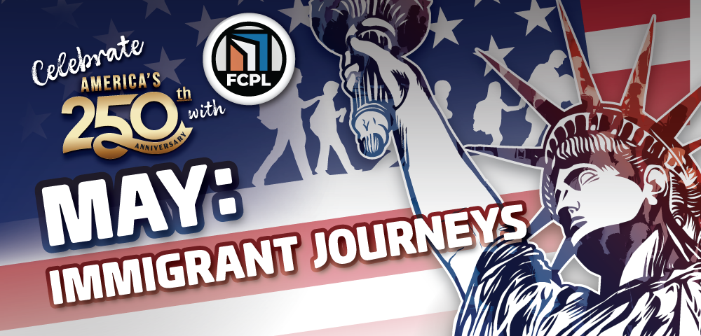 Stylized FCPL logo and America 250 logo surrounded by wavy stripes filled with the statue of liberty. 