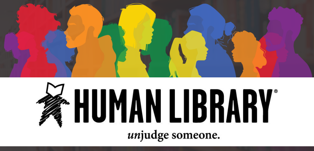 Text that reads Human Library Unjudge Someone with graphics that include multicolored silhouettes of various people
