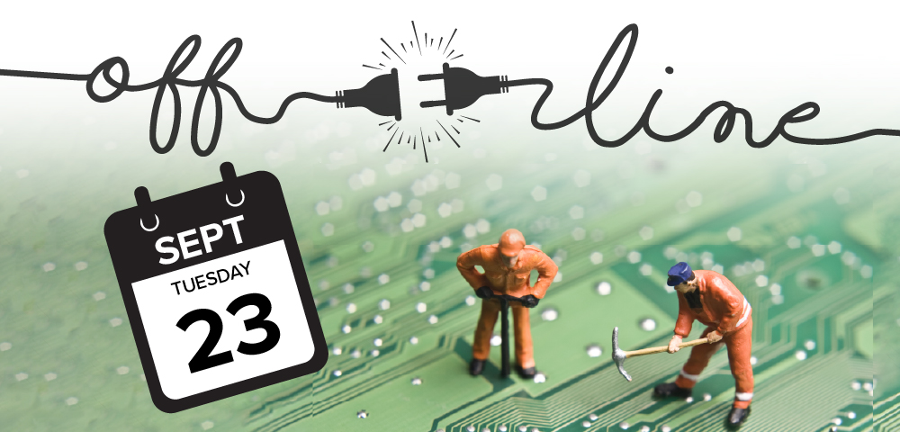 Two tiny toy workman working on top of a computer chip with a calendar icon reading September 23 and text reading Offline.