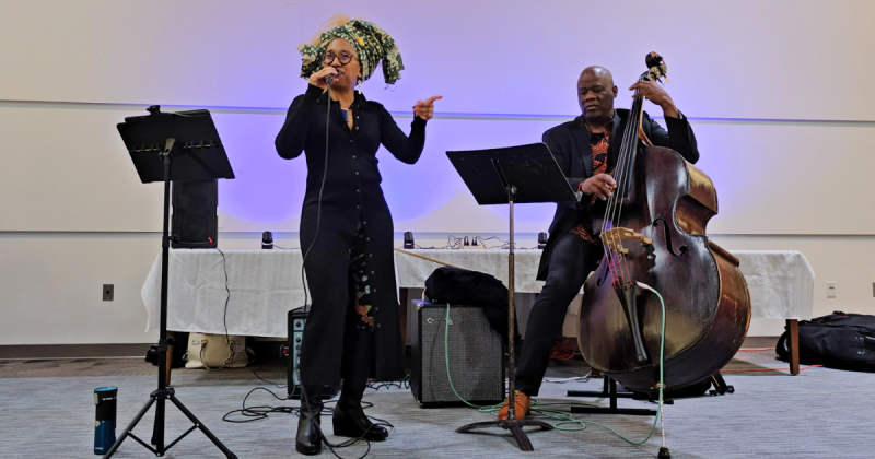 Jazz vocalist Alison Crockett and bassist Obasi Akoto perform music at Centreville Regional Library.