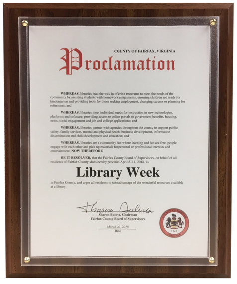 Proclamation declaring April 8-14, 2018 as Library Week in Fairfax County