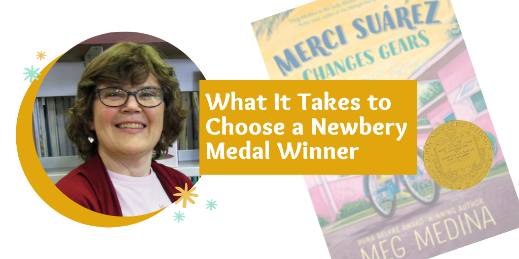 Photo of Sondra Eklund "What It Takes to Choose a Newbery Medal Winner" with book cover of Merci Suárez Changes Gears