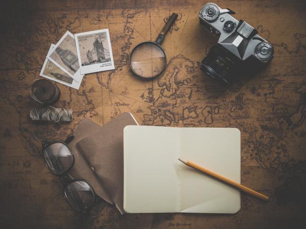 old map, camera, journal