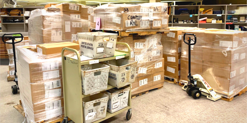 Shipping pallets and boxes in the library's Technical Operations Center