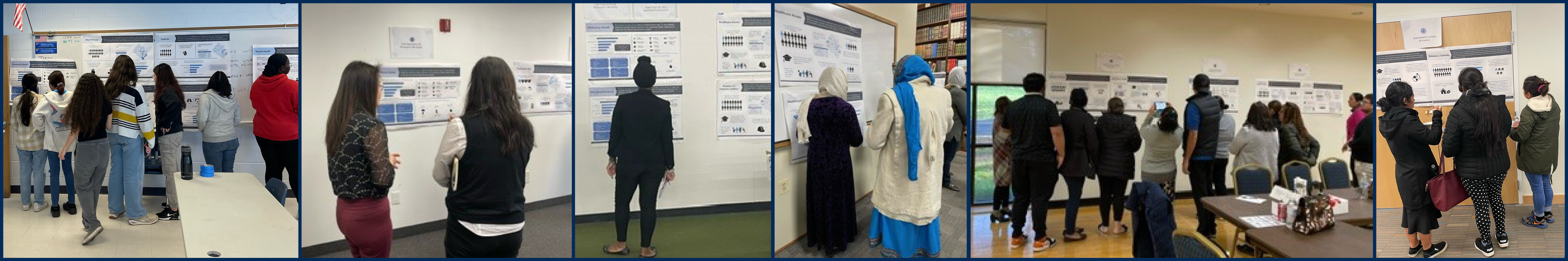 strip of 5 photos of community members viewing health data posters