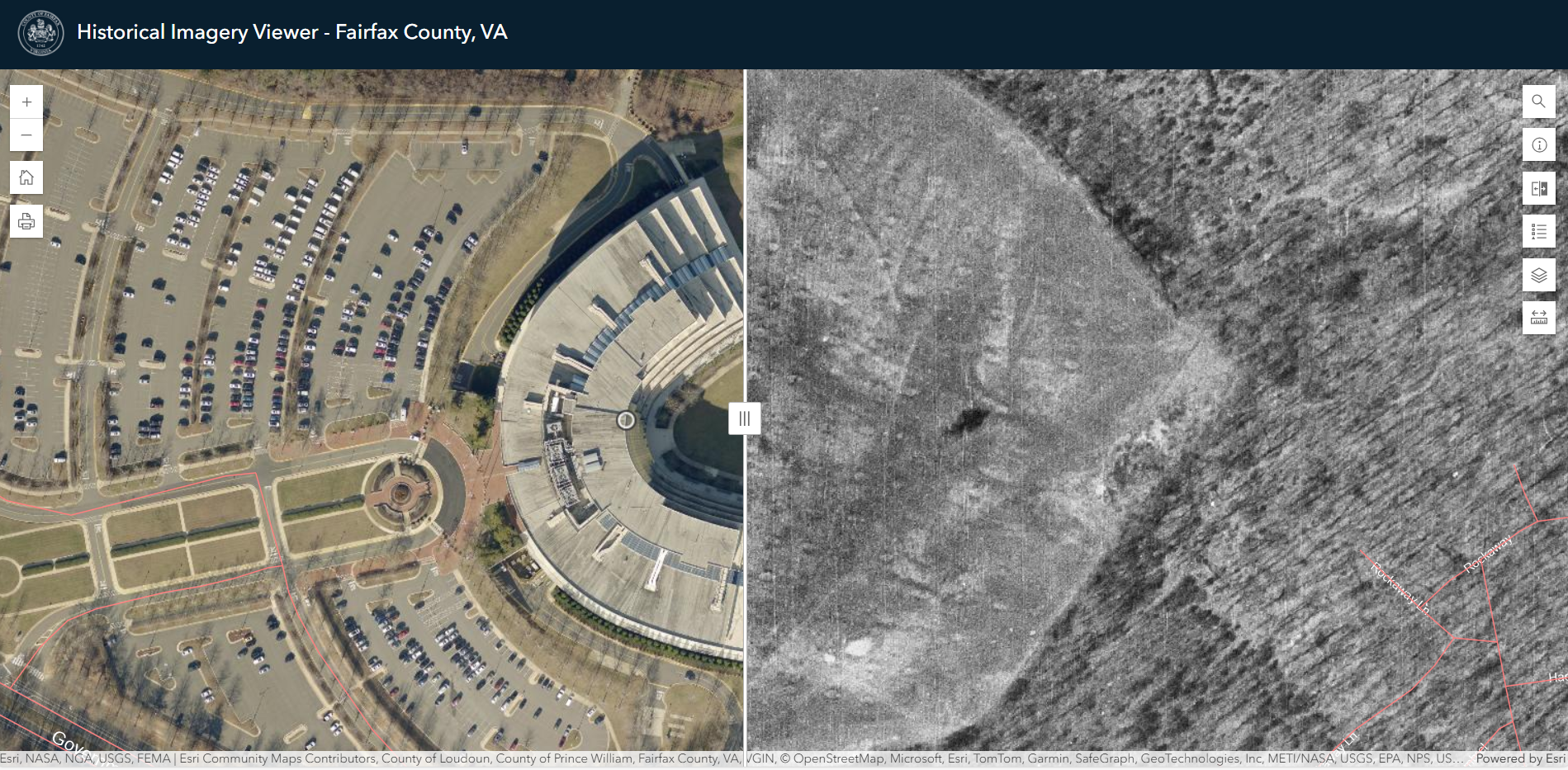 A screen capture of the Historical Imagery Viewer showing a building in two different years
